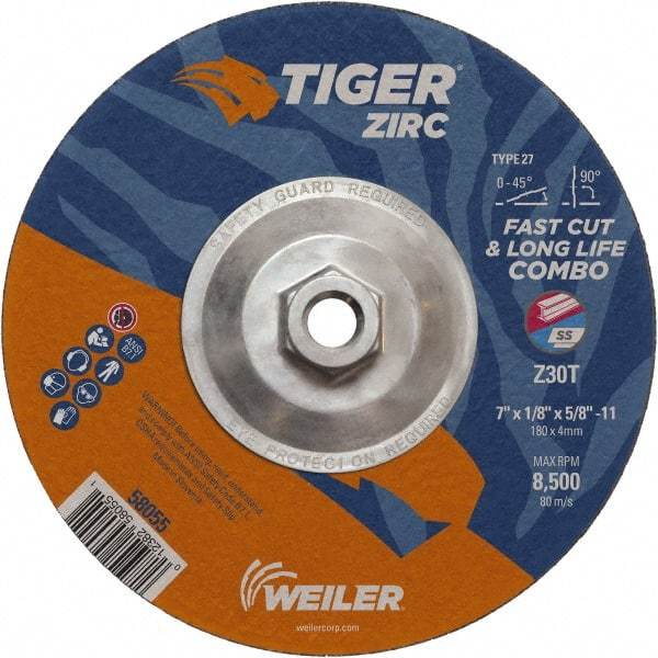 Weiler - 30 Grit, 7" Wheel Diam, 1/8" Wheel Thickness, Type 27 Depressed Center Wheel - Medium Grade, Zirconia Alumina, Resinoid Bond, T Hardness, 8,500 Max RPM - Exact Tool & Supply