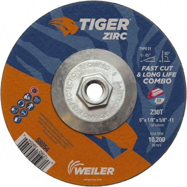 Weiler - 30 Grit, 6" Wheel Diam, 1/8" Wheel Thickness, Type 27 Depressed Center Wheel - Medium Grade, Zirconia Alumina, Resinoid Bond, T Hardness, 10,200 Max RPM - Exact Tool & Supply