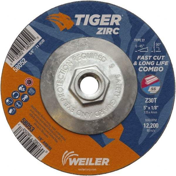 Weiler - 30 Grit, 5" Wheel Diam, 1/8" Wheel Thickness, Type 27 Depressed Center Wheel - Medium Grade, Zirconia Alumina, Resinoid Bond, T Hardness, 12,200 Max RPM - Exact Tool & Supply