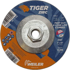 Weiler - 30 Grit, 5" Wheel Diam, 1/8" Wheel Thickness, Type 27 Depressed Center Wheel - Medium Grade, Zirconia Alumina, Resinoid Bond, T Hardness, 12,200 Max RPM - Exact Tool & Supply