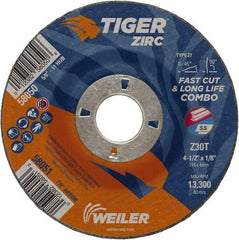 Weiler - 30 Grit, 4-1/2" Wheel Diam, 1/8" Wheel Thickness, 7/8" Arbor Hole, Type 27 Depressed Center Wheel - Medium Grade, Zirconia Alumina, Resinoid Bond, T Hardness, 13,300 Max RPM - Exact Tool & Supply