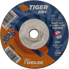 Weiler - 30 Grit, 4-1/2" Wheel Diam, 1/8" Wheel Thickness, Type 27 Depressed Center Wheel - Medium Grade, Zirconia Alumina, Resinoid Bond, T Hardness, 13,300 Max RPM - Exact Tool & Supply