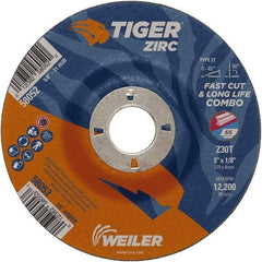 Weiler - 30 Grit, 5" Wheel Diam, 1/8" Wheel Thickness, 7/8" Arbor Hole, Type 27 Depressed Center Wheel - Medium Grade, Zirconia Alumina, Resinoid Bond, T Hardness, 12,200 Max RPM - Exact Tool & Supply