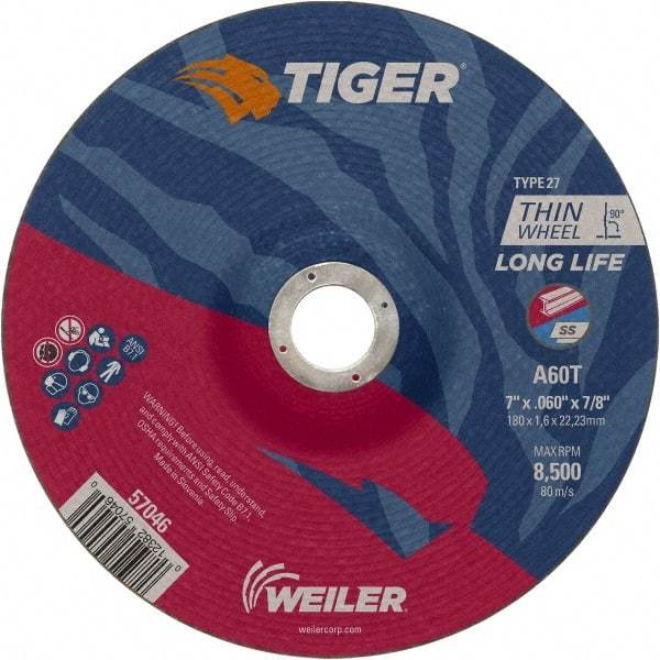 Weiler - 60 Grit, 7" Wheel Diam, 7/8" Arbor Hole, Type 27 Depressed Center Wheel - Medium Grade, Aluminum Oxide, Resinoid Bond, T Hardness, 8,500 Max RPM - Exact Tool & Supply