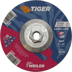 Weiler - 60 Grit, 6" Wheel Diam, Type 27 Depressed Center Wheel - Medium Grade, Aluminum Oxide, Resinoid Bond, T Hardness, 10,200 Max RPM - Exact Tool & Supply
