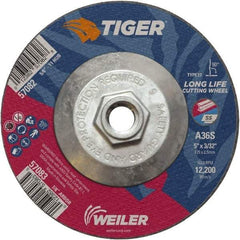 Weiler - 60 Grit, 5" Wheel Diam, 3/32" Wheel Thickness, Type 27 Depressed Center Wheel - Medium Grade, Aluminum Oxide, Resinoid Bond, T Hardness, 12,200 Max RPM - Exact Tool & Supply