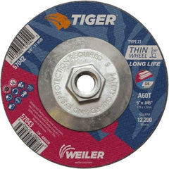Weiler - 60 Grit, 5" Wheel Diam, Type 27 Depressed Center Wheel - Medium Grade, Aluminum Oxide, Resinoid Bond, T Hardness, 12,200 Max RPM - Exact Tool & Supply