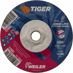 Weiler - 60 Grit, 4-1/2" Wheel Diam, 3/32" Wheel Thickness, Type 27 Depressed Center Wheel - Medium Grade, Aluminum Oxide, Resinoid Bond, T Hardness, 13,300 Max RPM - Exact Tool & Supply
