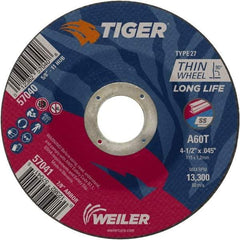 Weiler - 60 Grit, 4-1/2" Wheel Diam, Type 27 Depressed Center Wheel - Medium Grade, Aluminum Oxide, Resinoid Bond, T Hardness, 13,300 Max RPM - Exact Tool & Supply