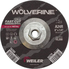 Weiler - 24 Grit, 6" Wheel Diam, 1/4" Wheel Thickness, Type 27 Depressed Center Wheel - Coarse Grade, Aluminum Oxide, Resinoid Bond, R Hardness, 10,200 Max RPM - Exact Tool & Supply