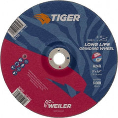 Weiler - 24 Grit, 9" Wheel Diam, 1/4" Wheel Thickness, 7/8" Arbor Hole, Type 27 Depressed Center Wheel - Coarse Grade, Aluminum Oxide, Resinoid Bond, R Hardness, 6,600 Max RPM - Exact Tool & Supply