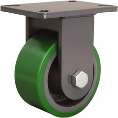 Hamilton - 6" Diam x 3" Wide x 8" OAH Top Plate Mount Rigid Caster - Polyurethane Mold onto Cast Iron Center, 2,200 Lb Capacity, Tapered Roller Bearing, 5-1/4 x 7-1/4" Plate - Exact Tool & Supply