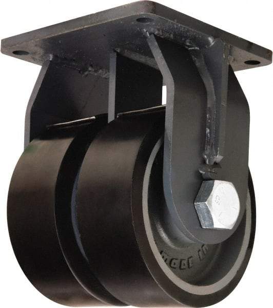 Hamilton - 10" Diam x 3" Wide x 13" OAH Top Plate Mount Dual Rigid Caster - Polyurethane Mold onto Cast Iron Center, 7,800 Lb Capacity, Tapered Roller Bearing, 8-1/2 x 8-1/2" Plate - Exact Tool & Supply