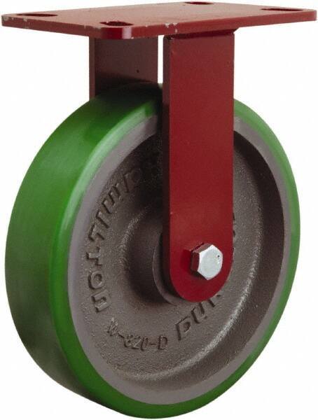 Hamilton - 8" Diam x 2" Wide x 9-3/4" OAH Top Plate Mount Rigid Caster - Polyurethane Mold onto Cast Iron Center, 1,500 Lb Capacity, Tapered Roller Bearing, 4-1/2 x 6-1/2" Plate - Exact Tool & Supply