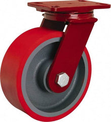 Hamilton - 8" Diam x 3" Wide x 10-1/8" OAH Top Plate Mount Rigid Caster - Polyurethane Mold on Forged Steel, 2,200 Lb Capacity, Tapered Roller Bearing, 5 x 7" Plate - Exact Tool & Supply