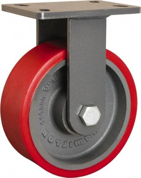 Hamilton - 8" Diam x 3" Wide x 10-1/4" OAH Top Plate Mount Rigid Caster - Polyurethane Mold onto Cast Iron Center, 2,400 Lb Capacity, Sealed Precision Ball Bearing, 5 x 7" Plate - Exact Tool & Supply