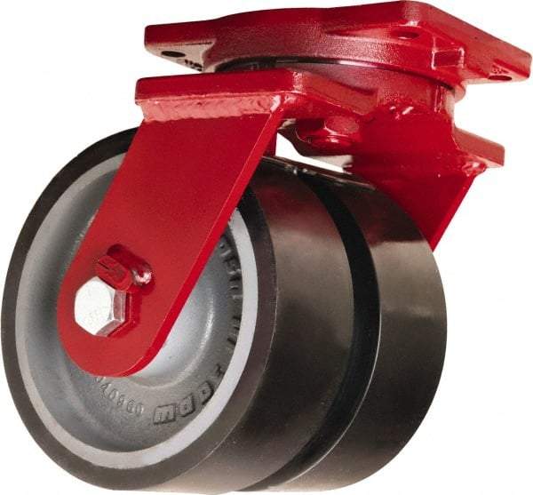 Hamilton - 8" Diam x 3" Wide x 10-1/2" OAH Top Plate Mount Dual Swivel Caster - Polyurethane Mold onto Cast Iron Center, 6,500 Lb Capacity, Tapered Roller Bearing, 6-1/8 x 7-1/2" Plate - Exact Tool & Supply