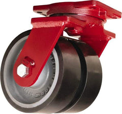 Hamilton - 8" Diam x 3" Wide x 10-1/2" OAH Top Plate Mount Dual Swivel Caster - Polyurethane Mold onto Cast Iron Center, 6,500 Lb Capacity, Tapered Roller Bearing, 6-1/8 x 7-1/2" Plate - Exact Tool & Supply