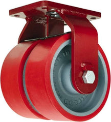 Hamilton - 6" Diam x 3" Wide x 8-1/2" OAH Top Plate Mount Dual Rigid Caster - Polyurethane Mold onto Cast Iron Center, 5,200 Lb Capacity, Sealed Precision Ball Bearing, 5-1/2 x 7-1/2" Plate - Exact Tool & Supply