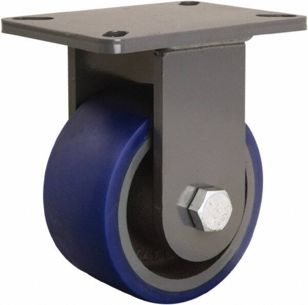 Hamilton - 6" Diam x 3" Wide x 8" OAH Top Plate Mount Rigid Caster - Polyurethane Mold onto Cast Iron Center, 1,800 Lb Capacity, Tapered Roller Bearing, 5-1/4 x 7-1/4" Plate - Exact Tool & Supply