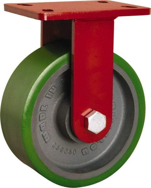 Hamilton - 8" Diam x 3" Wide x 10-1/8" OAH Top Plate Mount Rigid Caster - Polyurethane Mold onto Cast Iron Center, 2,200 Lb Capacity, Tapered Roller Bearing, 5 x 7" Plate - Exact Tool & Supply