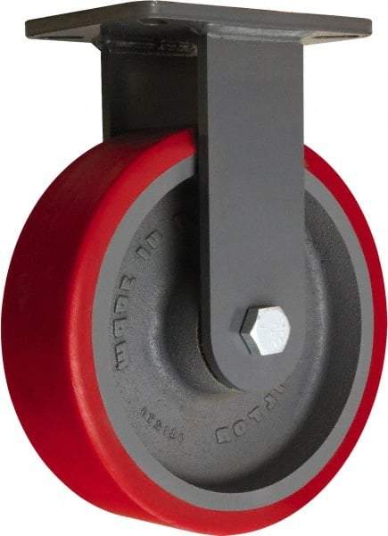 Hamilton - 10" Diam x 3" Wide x 12-1/2" OAH Top Plate Mount Rigid Caster - Polyurethane Mold onto Cast Iron Center, 3,600 Lb Capacity, Tapered Roller Bearing, 5-1/4 x 7-1/4" Plate - Exact Tool & Supply