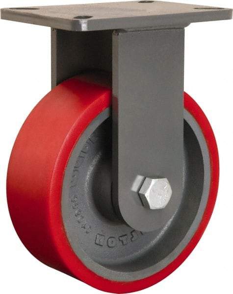 Hamilton - 8" Diam x 3" Wide x 10-1/2" OAH Top Plate Mount Rigid Caster - Polyurethane Mold onto Cast Iron Center, 3,000 Lb Capacity, Tapered Roller Bearing, 5-1/4 x 7-1/4" Plate - Exact Tool & Supply