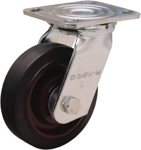 Hamilton - 5" Diam x 1-1/2" Wide x 6-1/8" OAH Top Plate Mount Swivel Caster - Rubber Mold on Cast Iron, 240 Lb Capacity, Straight Roller Bearing, 4 x 4-1/2" Plate - Exact Tool & Supply