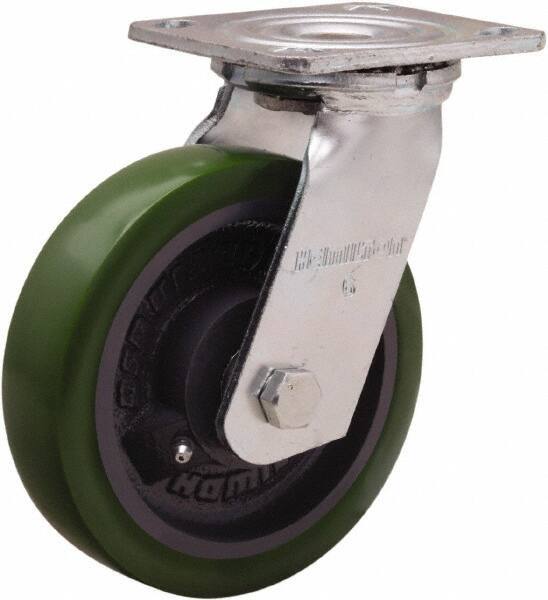 Hamilton - 6" Diam x 1-1/2" Wide x 7-1/2" OAH Top Plate Mount Swivel Caster - Polyurethane Mold onto Cast Iron Center, 550 Lb Capacity, Straight Roller Bearing, 4 x 4-1/2" Plate - Exact Tool & Supply