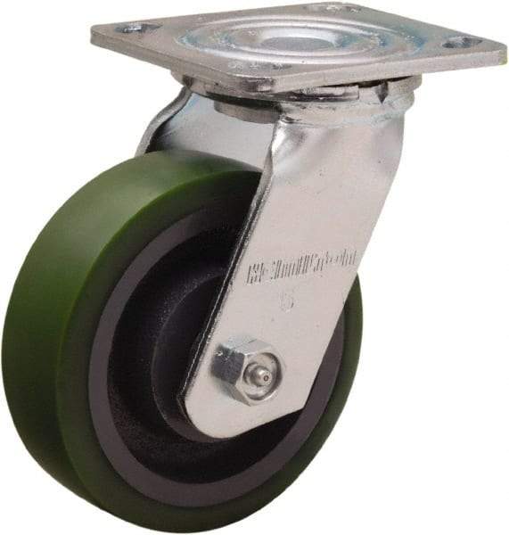 Hamilton - 5" Diam x 1-1/2" Wide x 6-1/8" OAH Top Plate Mount Swivel Caster - Polyurethane Mold onto Cast Iron Center, 550 Lb Capacity, Straight Roller Bearing, 4 x 4-1/2" Plate - Exact Tool & Supply