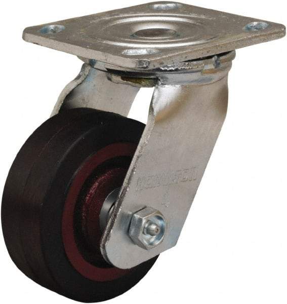 Hamilton - 4" Diam x 1-1/2" Wide x 5-5/8" OAH Top Plate Mount Swivel Caster - Rubber Mold on Cast Iron, 200 Lb Capacity, Straight Roller Bearing, 4 x 4-1/2" Plate - Exact Tool & Supply