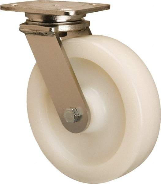 Hamilton - 8" Diam x 2" Wide x 9-1/2" OAH Top Plate Mount Swivel Caster - Nylon, 900 Lb Capacity, Stainless Steel Double Shielded Precision Ball Bearing, 4 x 5" Plate - Exact Tool & Supply