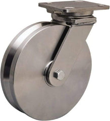 Hamilton - 8" Diam x 2" Wide, Stainless Steel Swivel Caster - 1,600 Lb Capacity, Top Plate Mount, 4" x 5" Plate, Stainless Steel Precision Ball Bearing - Exact Tool & Supply