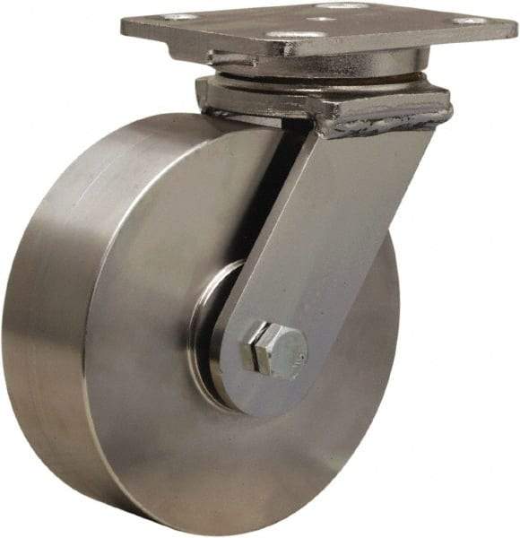 Hamilton - 6" Diam x 2" Wide x 7-1/2" OAH Top Plate Mount Swivel Caster - Forged Steel, 1,000 Lb Capacity, Delrin Bearing, 4 x 5" Plate - Exact Tool & Supply