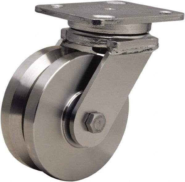 Hamilton - 5" Diam x 2" Wide, Stainless Steel Swivel Caster - 950 Lb Capacity, Top Plate Mount, 4" x 5" Plate, Stainless Steel Precision Ball Bearing - Exact Tool & Supply