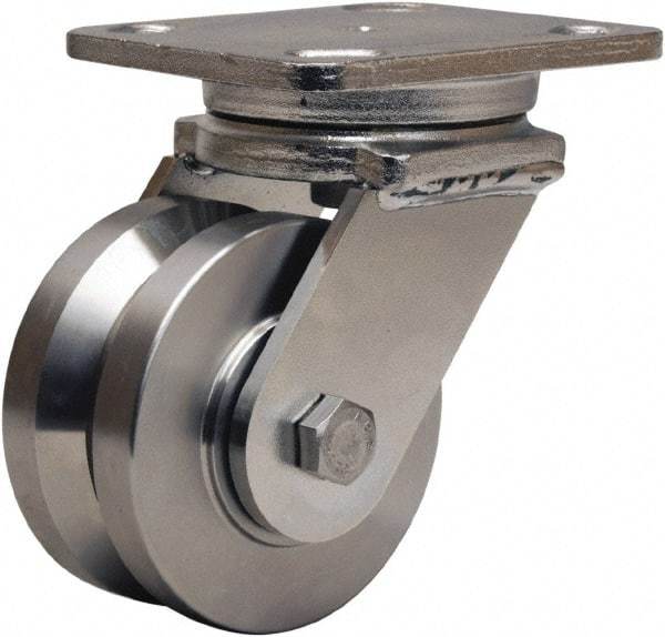 Hamilton - 4" Diam x 2" Wide, Stainless Steel Swivel Caster - 850 Lb Capacity, Top Plate Mount, 4" x 5" Plate, Delrin Bearing - Exact Tool & Supply