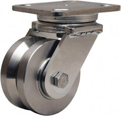 Hamilton - 4" Diam x 2" Wide, Stainless Steel Swivel Caster - 850 Lb Capacity, Top Plate Mount, 4" x 5" Plate, Delrin Bearing - Exact Tool & Supply