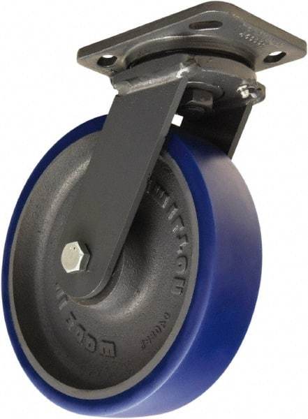 Hamilton - 8" Diam x 2" Wide x 9-1/2" OAH Top Plate Mount Swivel Caster - Polyurethane Mold onto Cast Iron Center, 1,200 Lb Capacity, Tapered Roller Bearing, 4 x 5" Plate - Exact Tool & Supply