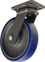 Hamilton - 8" Diam x 2" Wide x 9-1/2" OAH Top Plate Mount Swivel Caster - Polyurethane Mold onto Cast Iron Center, 1,200 Lb Capacity, Tapered Roller Bearing, 4 x 5" Plate - Exact Tool & Supply