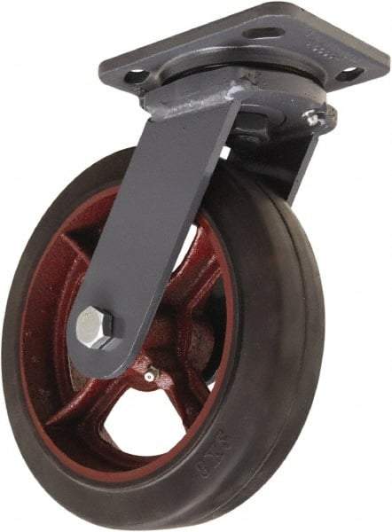 Hamilton - 8" Diam x 2" Wide x 9-1/2" OAH Top Plate Mount Swivel Caster - Rubber Mold on Cast Iron, 500 Lb Capacity, Straight Roller Bearing, 4 x 5" Plate - Exact Tool & Supply