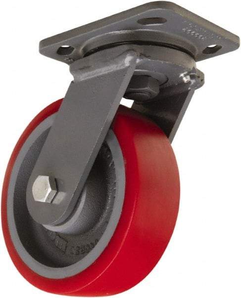 Hamilton - 6" Diam x 2" Wide x 7-1/2" OAH Top Plate Mount Swivel Caster - Polyurethane Mold onto Cast Iron Center, 1,400 Lb Capacity, Sealed Precision Ball Bearing, 4 x 5" Plate - Exact Tool & Supply