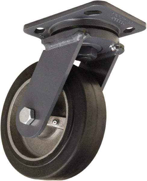 Hamilton - 6" Diam x 2" Wide x 7-1/2" OAH Top Plate Mount Swivel Caster - Rubber Mold on Cast Iron, 410 Lb Capacity, Tapered Roller Bearing, 4 x 5" Plate - Exact Tool & Supply