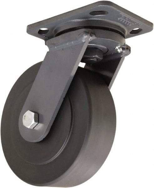 Hamilton - 6" Diam x 2" Wide x 7-1/2" OAH Top Plate Mount Swivel Caster - Nylon, 2,000 Lb Capacity, Sealed Precision Ball Bearing, 4 x 5" Plate - Exact Tool & Supply