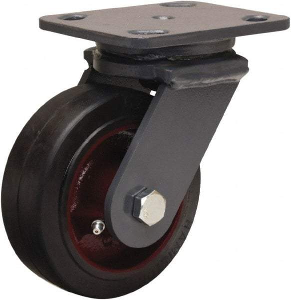 Hamilton - 5" Diam x 2" Wide x 6-1/2" OAH Top Plate Mount Swivel Caster - Rubber Mold on Cast Iron, 350 Lb Capacity, Straight Roller Bearing, 4 x 5" Plate - Exact Tool & Supply