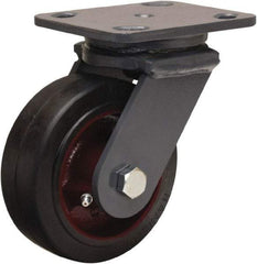 Hamilton - 5" Diam x 2" Wide x 6-1/2" OAH Top Plate Mount Swivel Caster - Rubber Mold on Cast Iron, 350 Lb Capacity, Straight Roller Bearing, 4 x 5" Plate - Exact Tool & Supply
