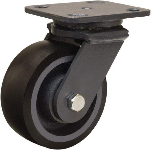 Hamilton - 5" Diam x 2" Wide x 6-1/2" OAH Top Plate Mount Swivel Caster - Polyurethane Mold onto Cast Iron Center, 1,360 Lb Capacity, Sealed Precision Ball Bearing, 4 x 5" Plate - Exact Tool & Supply