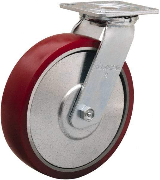 Hamilton - 8" Diam x 2" Wide x 9-1/2" OAH Top Plate Mount Swivel Caster - Polyurethane on Aluminum, 900 Lb Capacity, Straight Roller Bearing, 4 x 4-1/2" Plate - Exact Tool & Supply