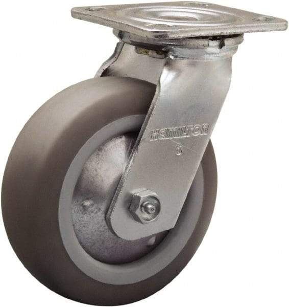 Hamilton - 6" Diam x 2" Wide x 7-1/2" OAH Top Plate Mount Swivel Caster - Rubber Mold on Polyolefin, 410 Lb Capacity, Straight Roller Bearing, 4 x 4-1/2" Plate - Exact Tool & Supply