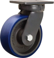 Hamilton - 8" Diam x 3" Wide x 10-1/2" OAH Top Plate Mount Swivel Caster - Polyurethane Mold onto Cast Iron Center, 2,000 Lb Capacity, Precision Tapered Roller Bearing, 5-1/4 x 7-1/4" Plate - Exact Tool & Supply