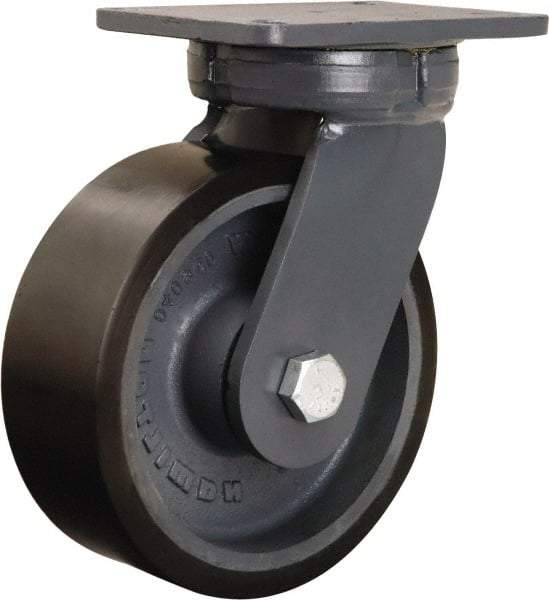 Hamilton - 8" Diam x 3" Wide x 10-1/2" OAH Top Plate Mount Swivel Caster - Polyurethane Mold onto Cast Iron Center, 3,250 Lb Capacity, Tapered Roller Bearing, 5-1/4 x 7-1/4" Plate - Exact Tool & Supply